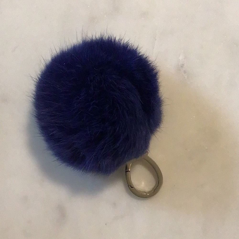 Navy Blue Pom Pom Faux Fur Puff Ball Bag Charm Purse in perfect condition